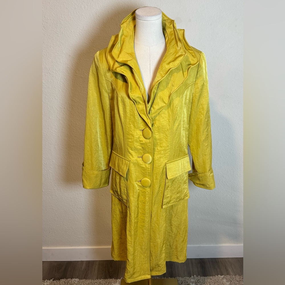 Erin Paige Ruffled Collar Statement Trench Coat Yellow/Ochre size Small